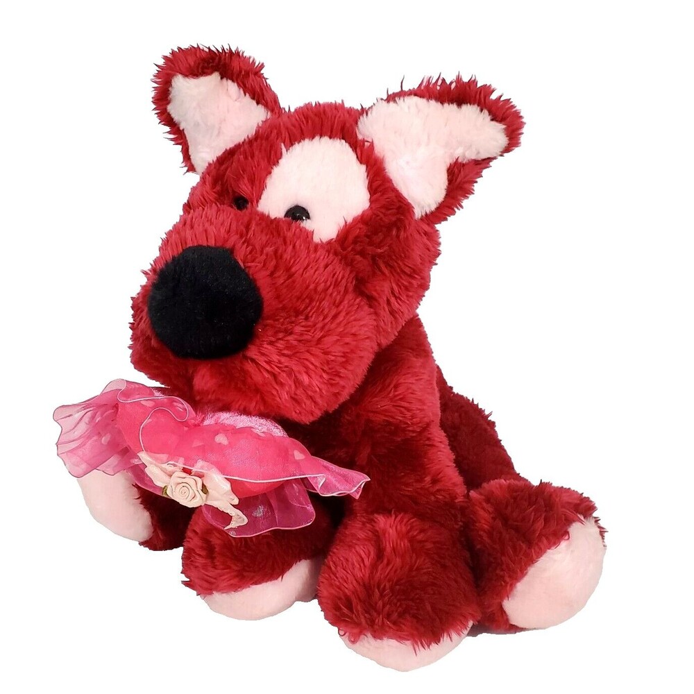 Vintage Red Pink Valentines Day Dog Plush 12" Sitting Heart Pillow Terrier Soft